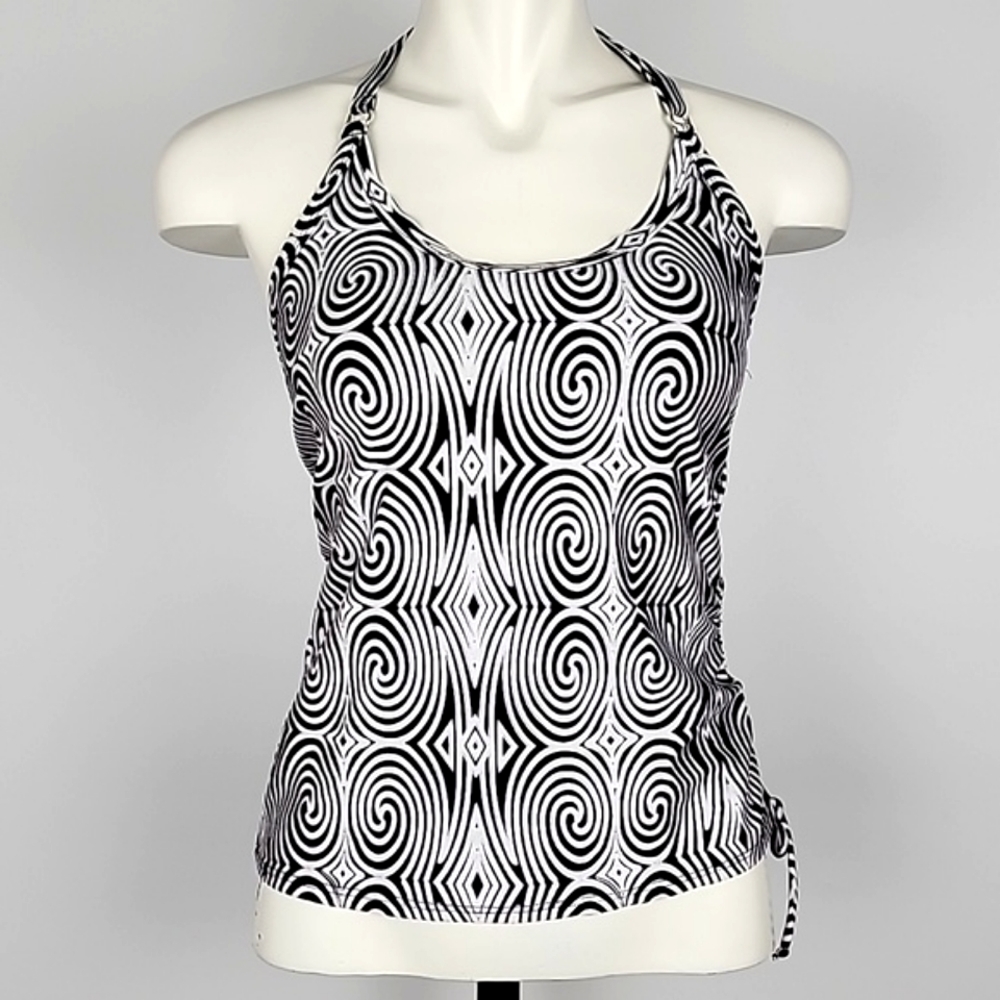 Bikini Bay Clothing Company Halter Tankini Black  White Rusched‎ Sides Size 10